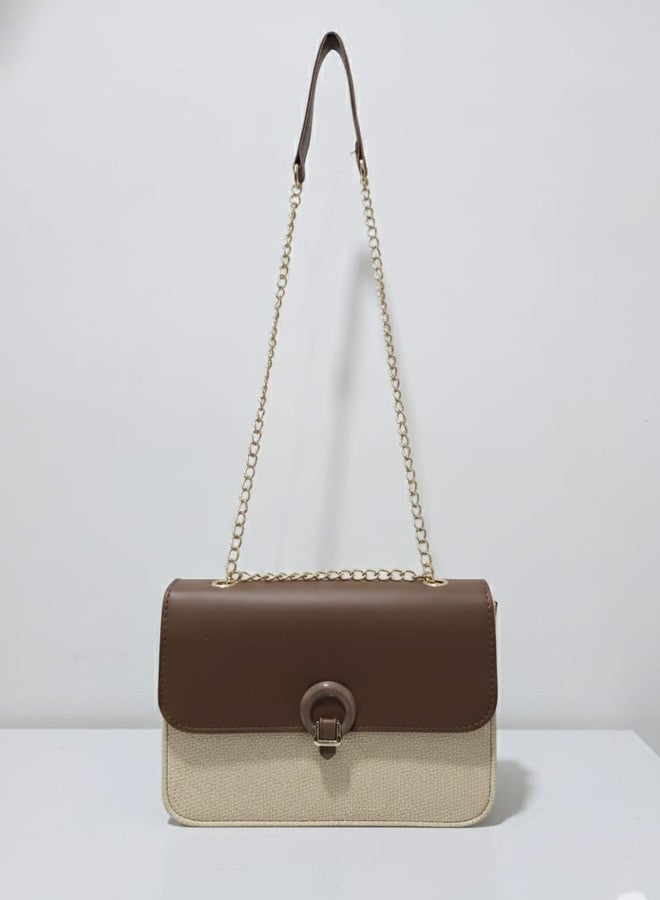FUMES Beige Women’s Luxury Flap Shoulder Bag with Chain Strap and Magnetic Closure - Image 1